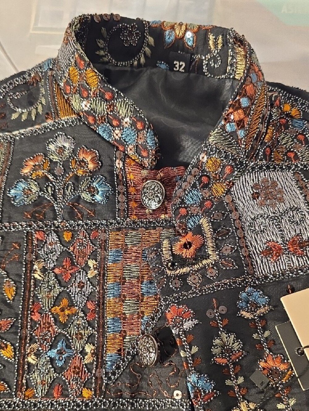Men's Navy Blue Patchwork Nehru Jacket - Embroidered Festive Vest - Picture 9 of 14